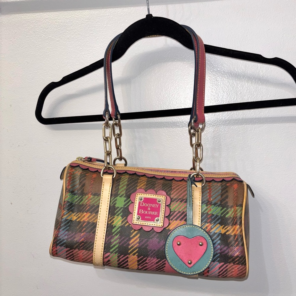 Vintage Dooney & Bourke Multicolor Plaid Shoulder Bag with Heart Charm